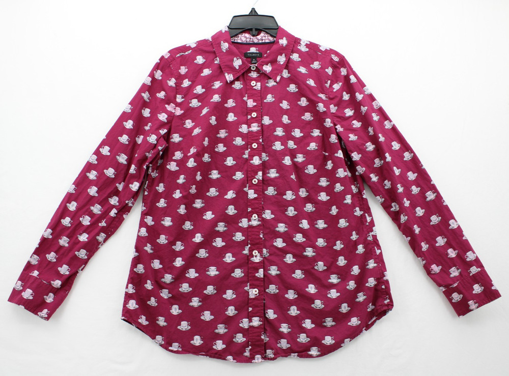 Talbots Tea Time Button-up Shirt Medium red white tea/coffee cups long sleeve